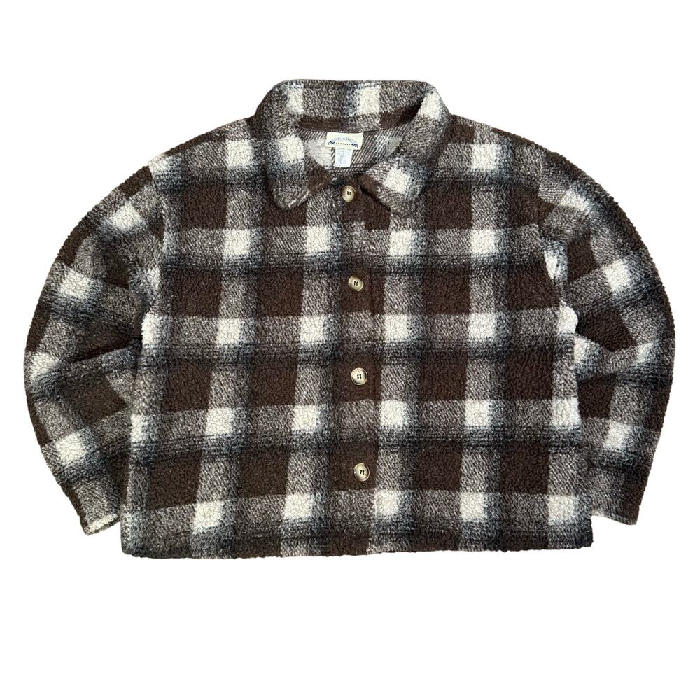 Vintage 90s Fleece Brown White Plaid Button-Up Jacket Women’s XL Made in USA